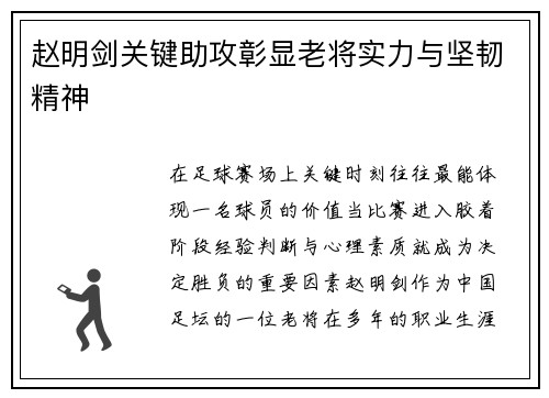 赵明剑关键助攻彰显老将实力与坚韧精神 赵明剑关键助攻彰显老将实力与坚韧精神