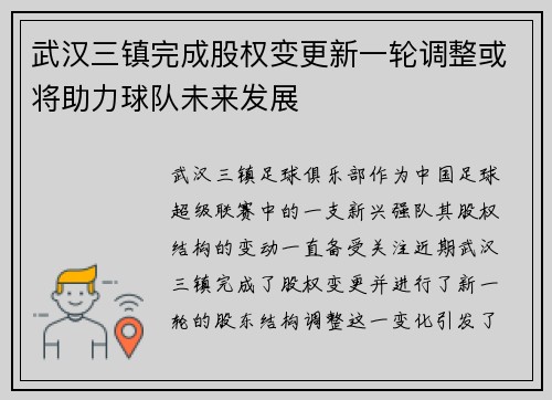 武汉三镇完成股权变更新一轮调整或将助力球队未来发展